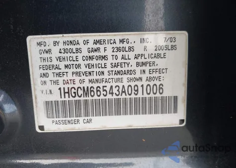 2003 Honda Accord Ex from USA, damaged, VIN 1HGCM66543A091006